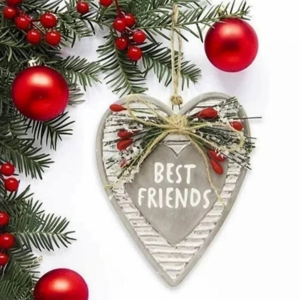 Best Friends Polystone Cement Heart Ornament Bag Charm Raffia & Berries BNWT SO